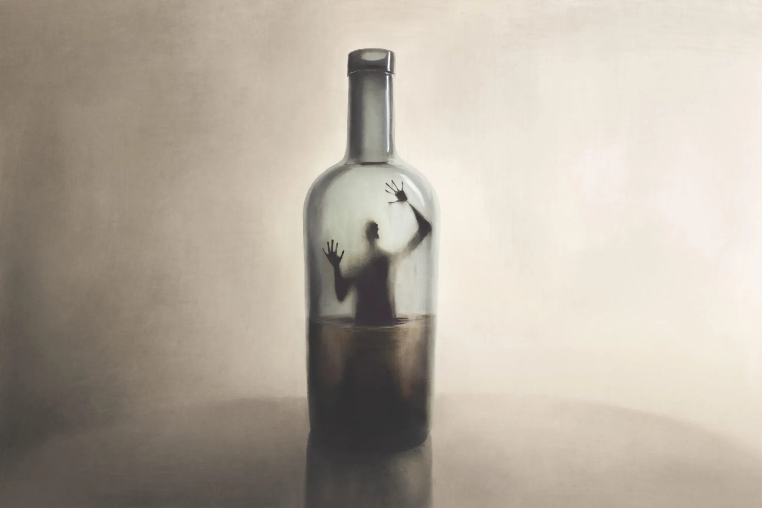 Illustration of man imprisoned in a bottle of alcohol, surreal addiction abstract concept