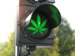 Cannabis leaf on green traffic light.